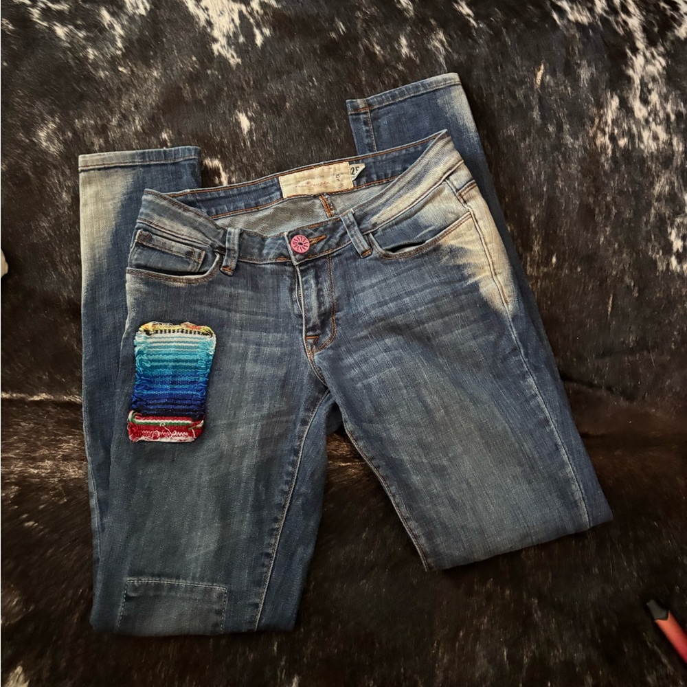 Free People Blue Skinny Jeans with Vibrant Patch